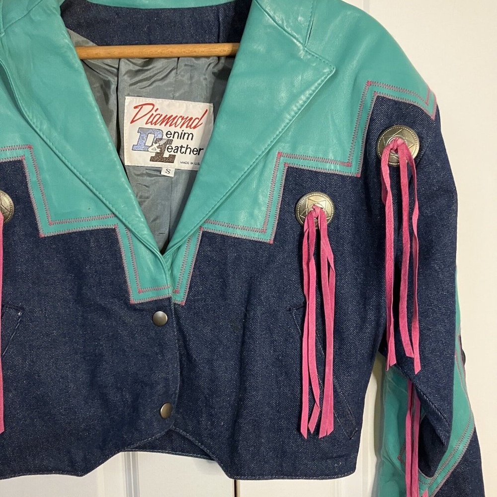 Vintage Diamond Denim & Leather Western Bright Fringe Cowboy Cowgirl Crop Jacket - Picture 3 of 11